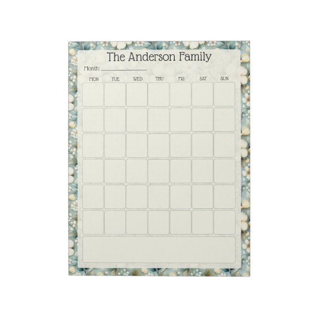 Custom Sage Floral Monthly Calendar Notepad (Rotated)