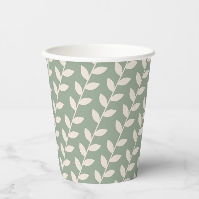 Custom Sage Green 70s Retro Leaf Pattern  Paper Cups (Front)