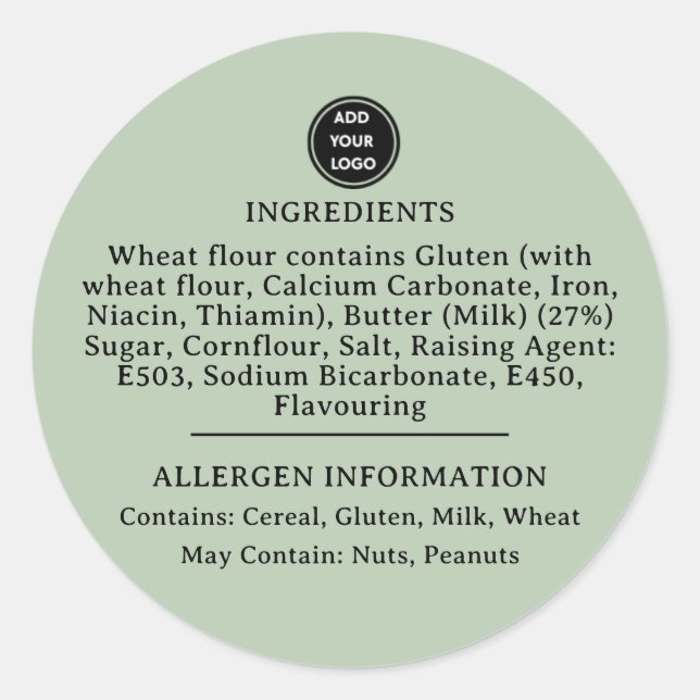 CUSTOM Sage Green   Allergy Alert Bakery Sticker (Front)