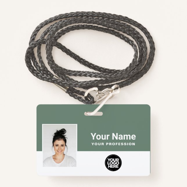 Custom Sage Green Employee Logo Name Lanyard Badge (Front with Lanyard)