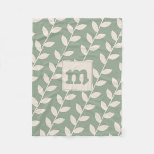 Custom Sage Green Retro Leaf Pattern Monogram Fleece Blanket