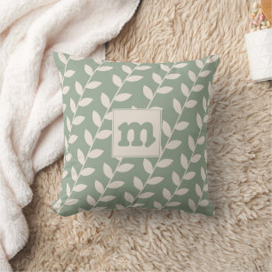 Custom Sage Green Retro Leaf Pattern Monogram Throw Pillow