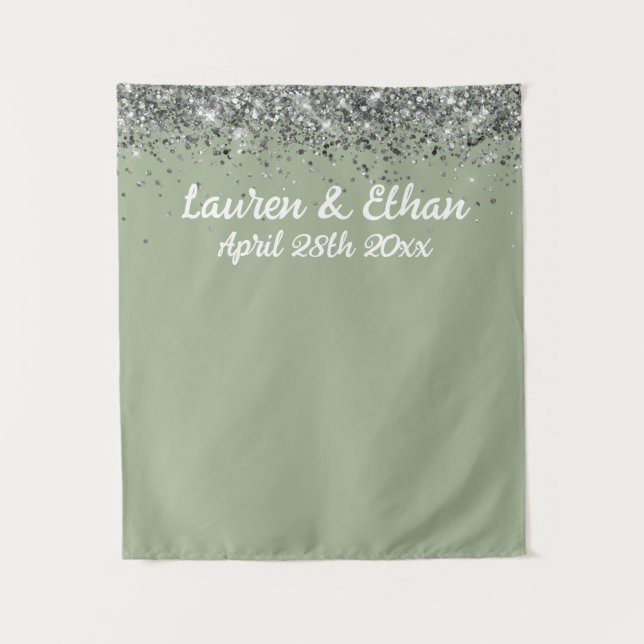 Custom Sage Green Silver Wedding Photo Booth Prop Tapestry (Front)
