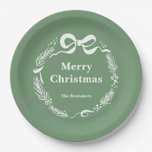 Custom Sage Modern Hand Drawn Bow Merry Christmas Paper Plate