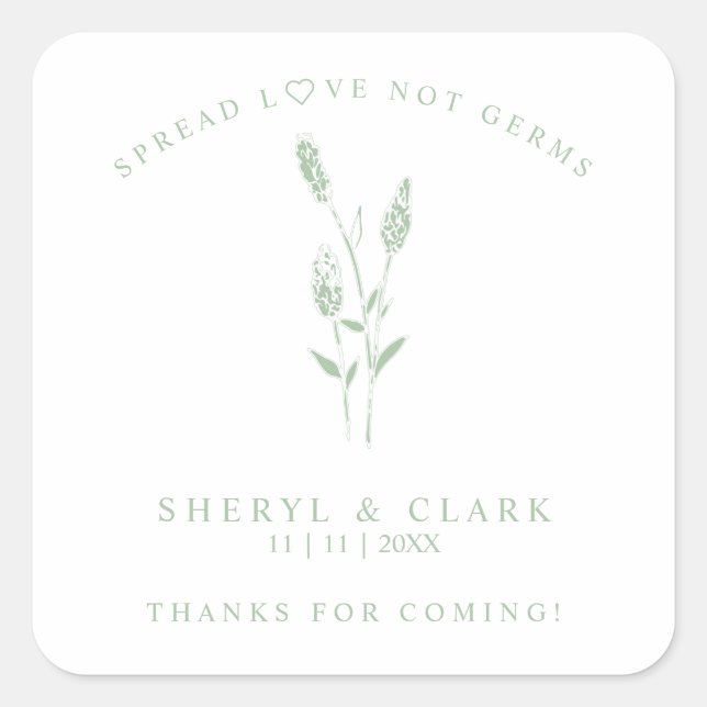 Custom Sage Wildflowers Wedding Hand Sanitizer Square Sticker (Front)