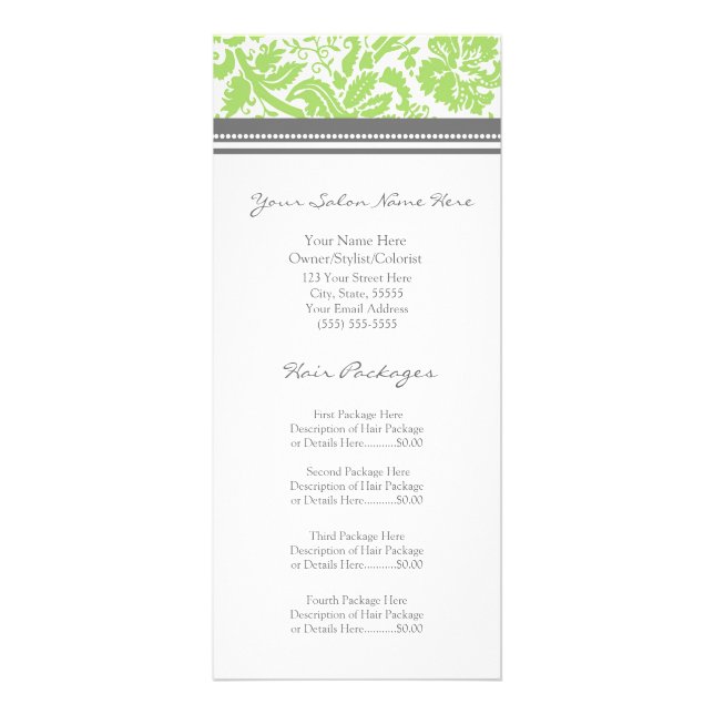 Custom Salon Rack Cards Lime Grey Damask (Front)