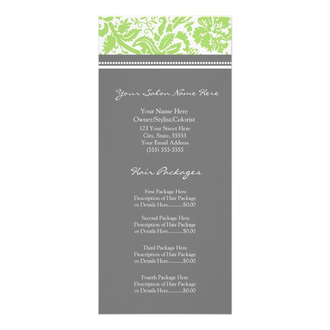 Custom Salon Rack Cards Lime Grey Damask (Front)