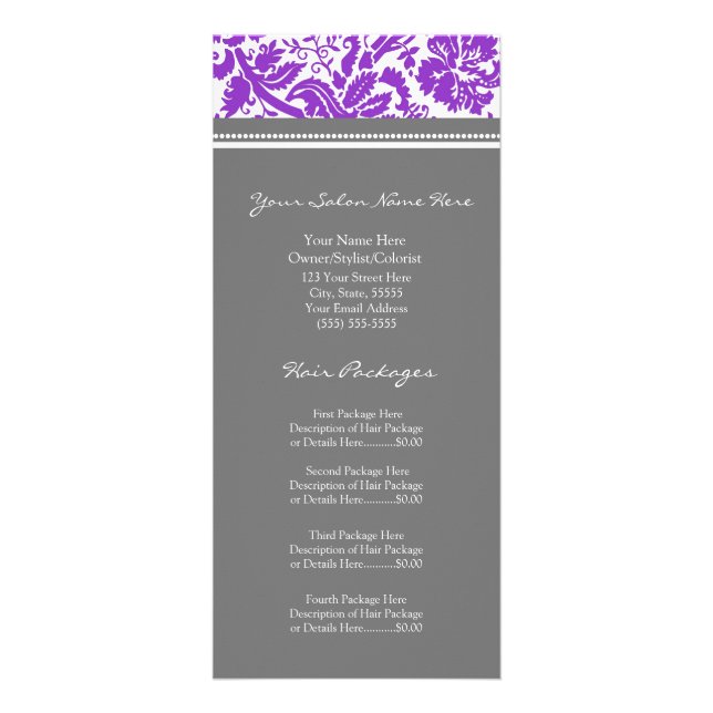 Custom Salon Rack Cards Purple Grey Damask (Front)
