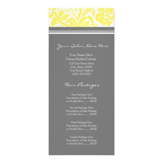 Custom Salon Rack Cards Yellow Grey Damask (Front)