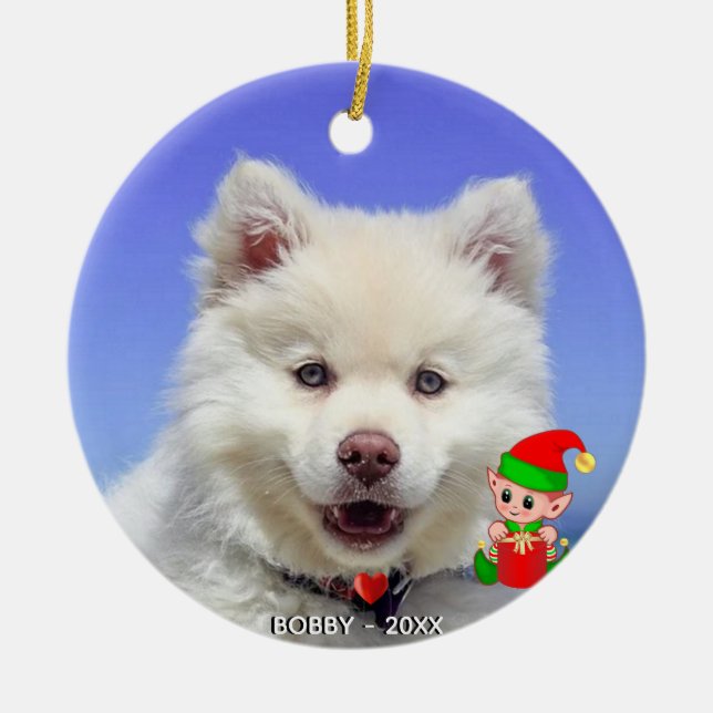 Custom Samoyed Dog Photo with Cute Elf Ceramic Ornament (Front)