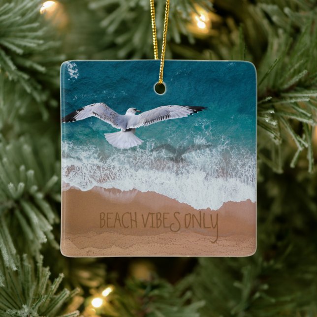 Custom Sand Writing Beach Vibes Only Seashore Ceramic Ornament (Tree)