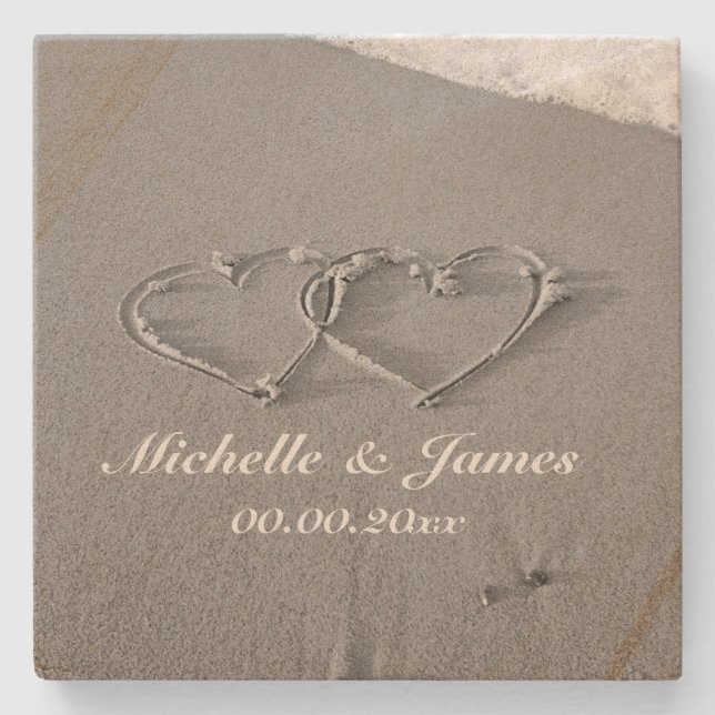 Custom sandstone coasters with heart in beach sand (Front)