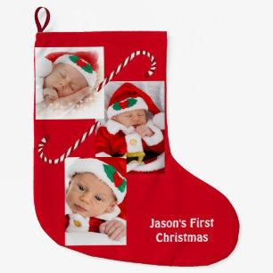 Custom Santa Baby Family Photos Candy Cane Red Large Christmas Stocking