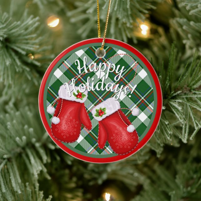 Custom Santa Claus Mittens Red Green Plaid Pattern Ceramic Ornament (Tree)