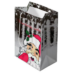 Custom Santa claus on a snow picket fence Medium Gift Bag