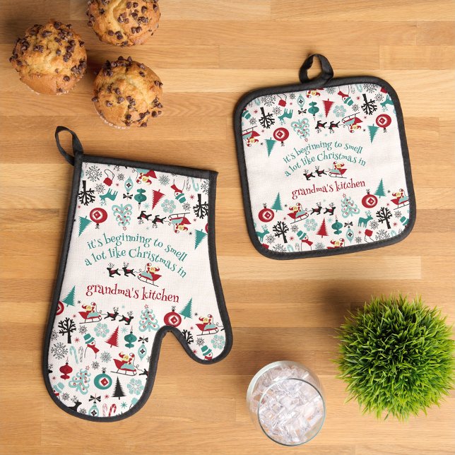 Custom Santa Claus Sleigh Reindeer Ornaments Motif Oven Mitt & Pot Holder Set (Creator Uploaded)