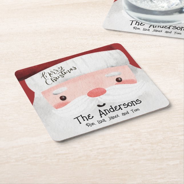Custom Santa Claus Watercolor Merry Christma Square Paper Coaster (Angled)