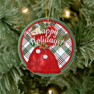 Custom Santa Gift Bag On Red Green Plaid Pattern Ceramic Ornament