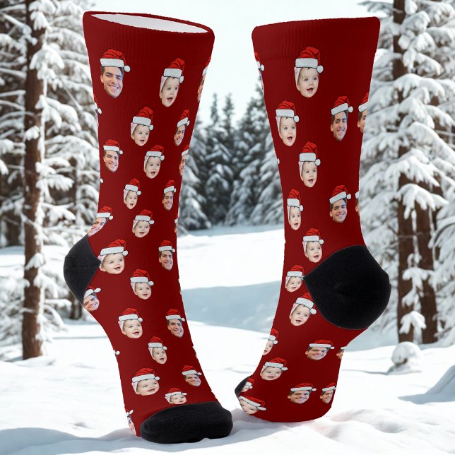 Custom Santa Hat Face Christmas Gift 2 Photos Socks (Creator Uploaded)