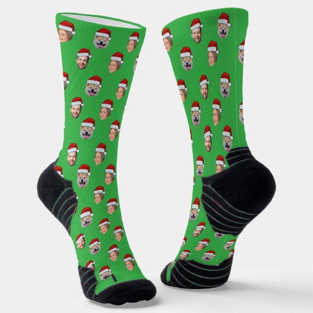 Custom Santa Hat Face Family 3 Photos Christmas Socks (Angled)