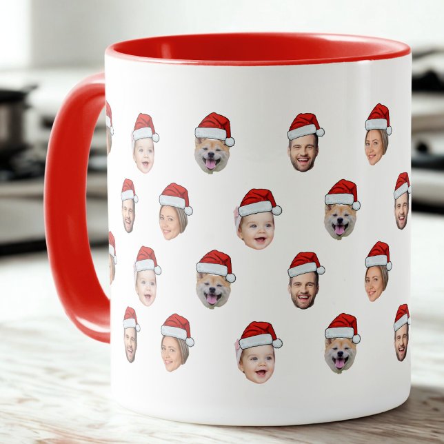Custom Santa Hat Family Face 4 Photos Christmas Mug (Creator Uploaded)
