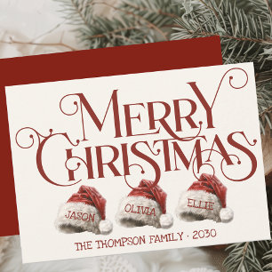 Custom Santa Hat Family Of 3 Red Merry Christmas Holiday Card