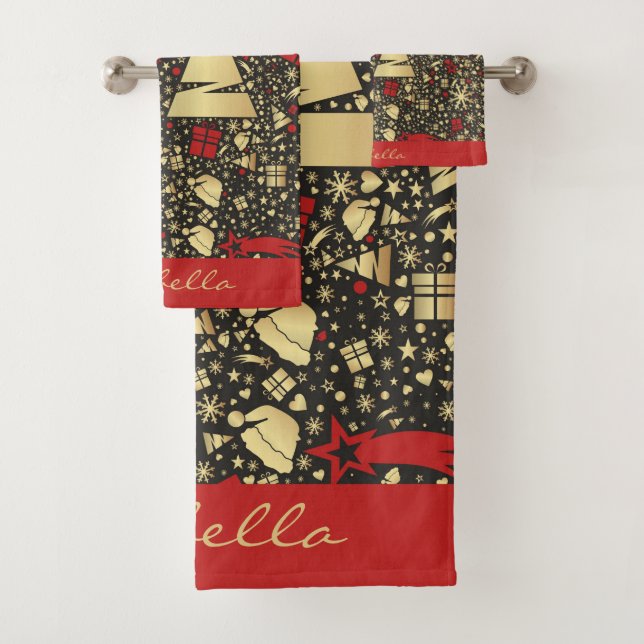  Custom Santa Hat Snowflakes Stars Christmas Tree Bath Towel Set (Insitu)