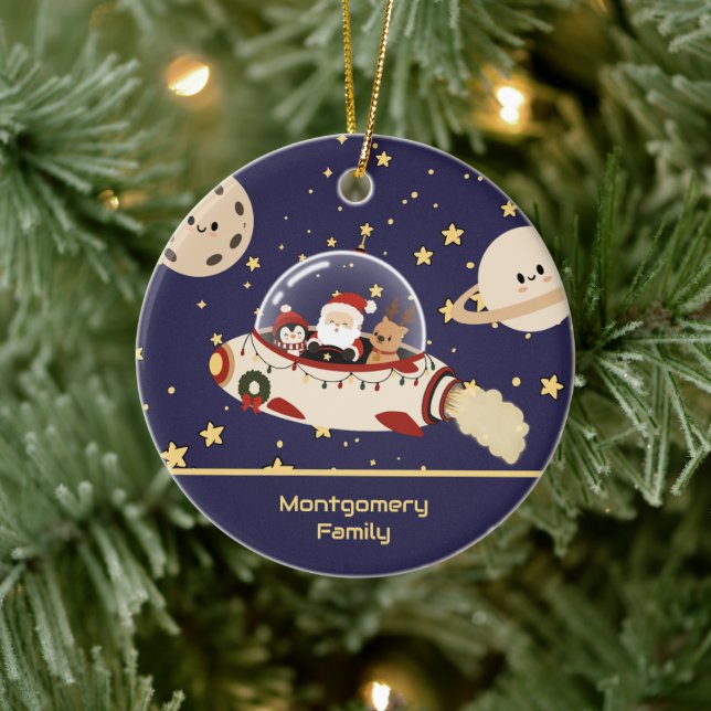 Custom Santa Spaceship Christmas  Ceramic Ornament (Tree)