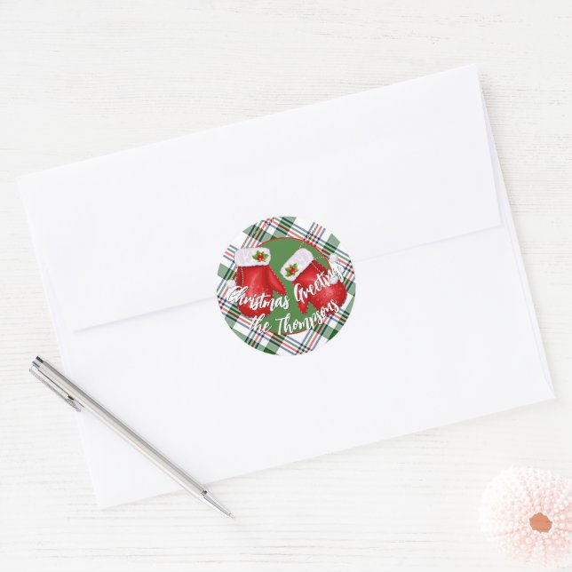Custom Santas Mittens On Red Green Plaid Pattern Classic Round Sticker (Envelope)