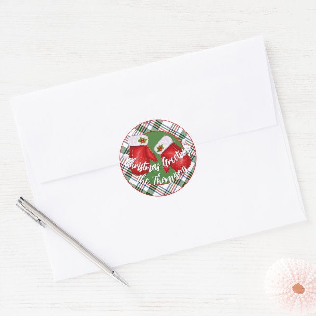 Custom Santas Mittens On Red Green Plaid Pattern Classic Round Sticker (Envelope)