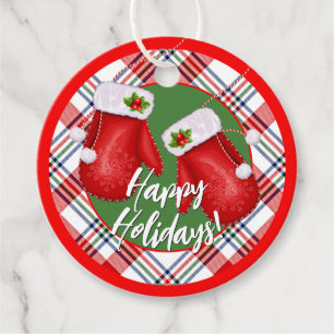 Custom Santas Mittens On Red Green Plaid Pattern Favour Tags