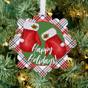 Custom Santas Mittens On Red Green Plaid Pattern Ornament Card