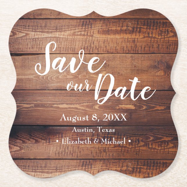 Custom Save our date Wood Print Wedding Favour Paper Coaster (Front)