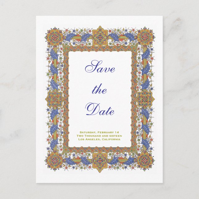Custom Save the Date Baroque Blue Gold Postcard (Front)