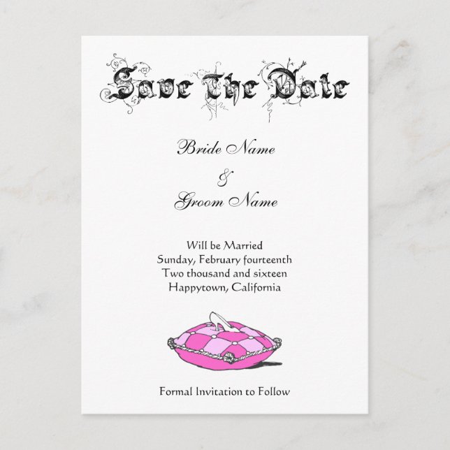 Custom Save the Date Cinderella Slipper on Pink Announcement Postcard (Front)