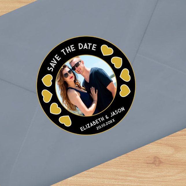 Custom Save The Date Couple Photo Personalized Classic Round Sticker (Custom Save the Date Photo and Hearts Classic Round Sticker)