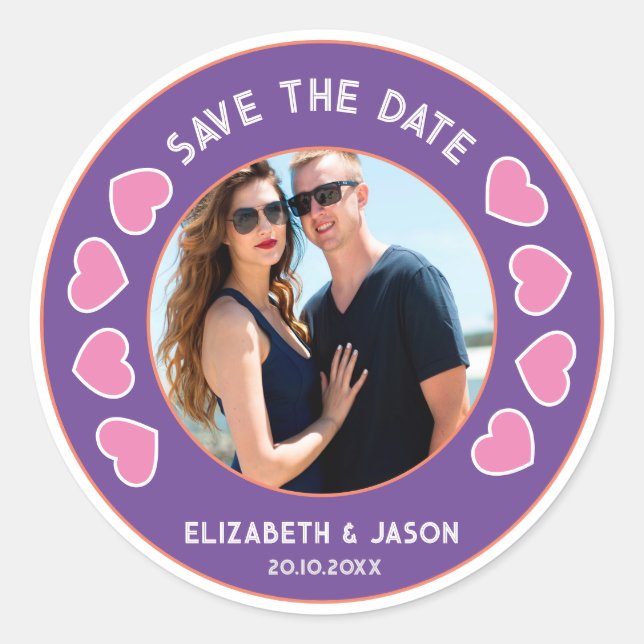 Custom Save the Date Photo And Hearts Classic Round Sticker (Front)
