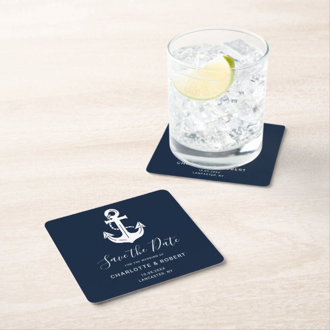 Custom Save the Date Wedding Navy Blue Anchor Square Paper Coaster (Insitu)