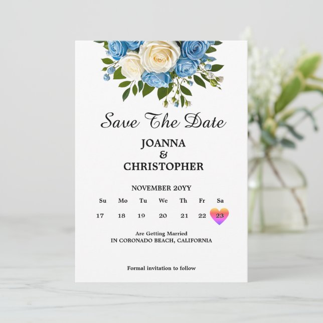 Custom Save the Date with Blue and White Roses (Standing Front)