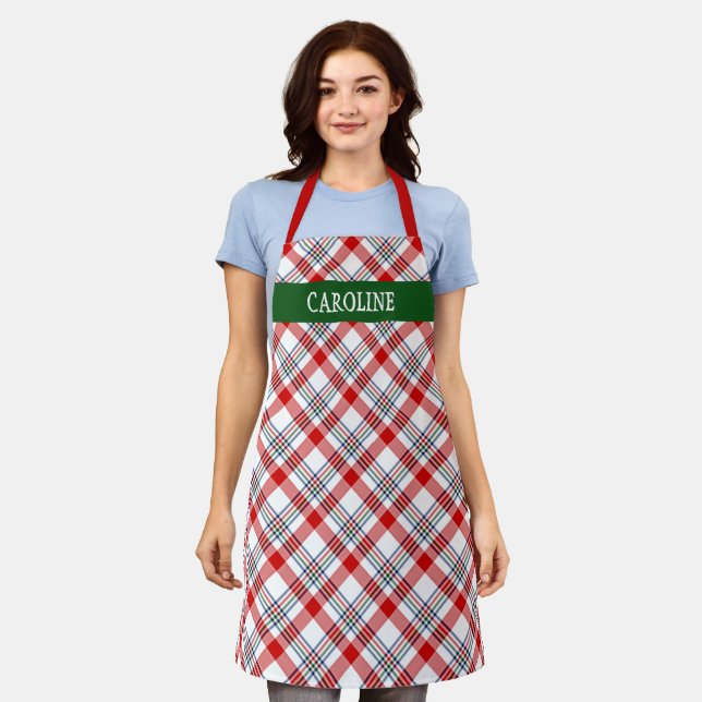 Custom Scottish Red Green White Yellow Plaid Apron (Worn)
