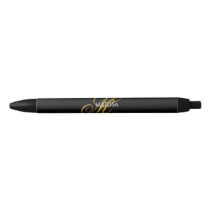 Custom Script Elegant Black Gold Monogram Name   Black Ink Pen