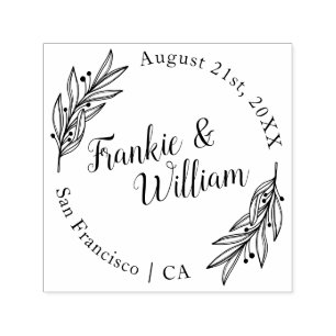 Custom Script & Elegant Leaves   Round Wedding Self-inking Stamp