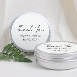 Custom Script Elegant Wedding Thank You Tin Box Classic Round Sticker<br><div class="desc">Custom script elegant calligraphy tin box thank you wedding favours stickers personalized with the newlywed couple's names and the wedding date. Tin cans are not included, the price is for the labels only. I recommend using the 3" option and getting the large aluminum boxes. Great as party favours for your...</div>
