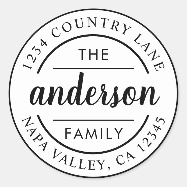 Custom Script Family Name Return Address Classic Round Sticker (Front)