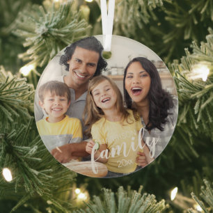 Custom Script FAMILY Photo Personalized Keepsake Glass Ornament