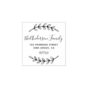 Custom Script Foliage Leaves Wreath Return Address Rubber Stamp