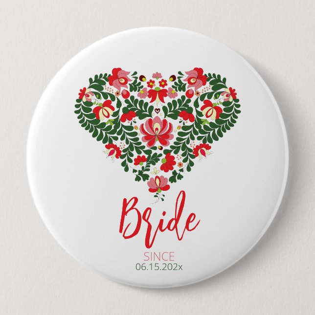 Custom Script Hungarian Matyo Folk Abstract Heart  4 Inch Round Button (Front)