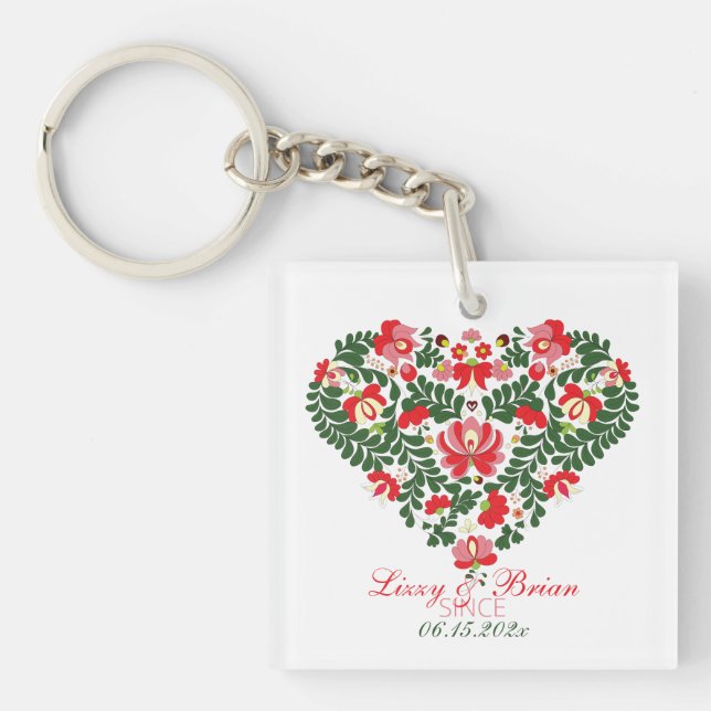 Custom Script Hungarian Matyo Folk Abstract Heart  Keychain (Front)