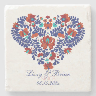 Custom Script Hungarian Matyo Folk Abstract Heart Stone Coaster