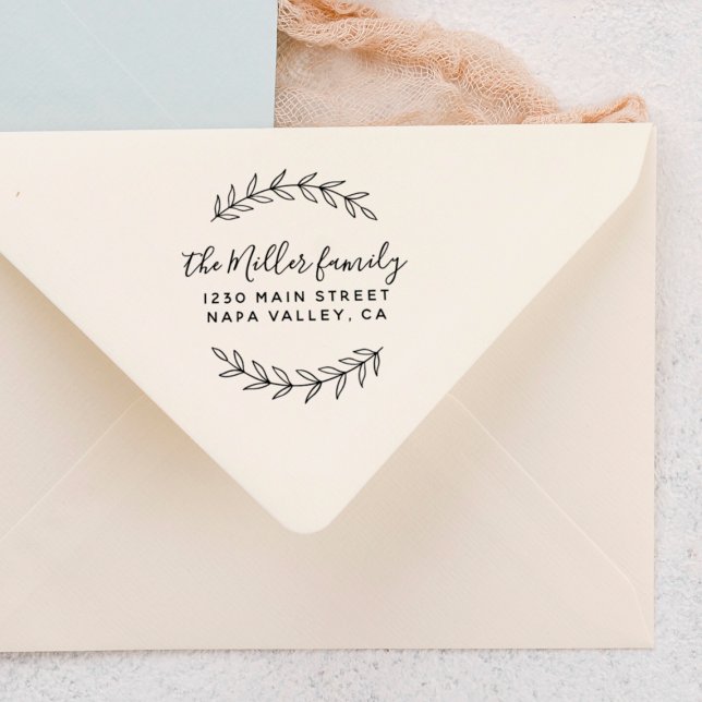 Custom Script Name Botanical Sprig Return Address Rubber Stamp (Stamp Mock-up)